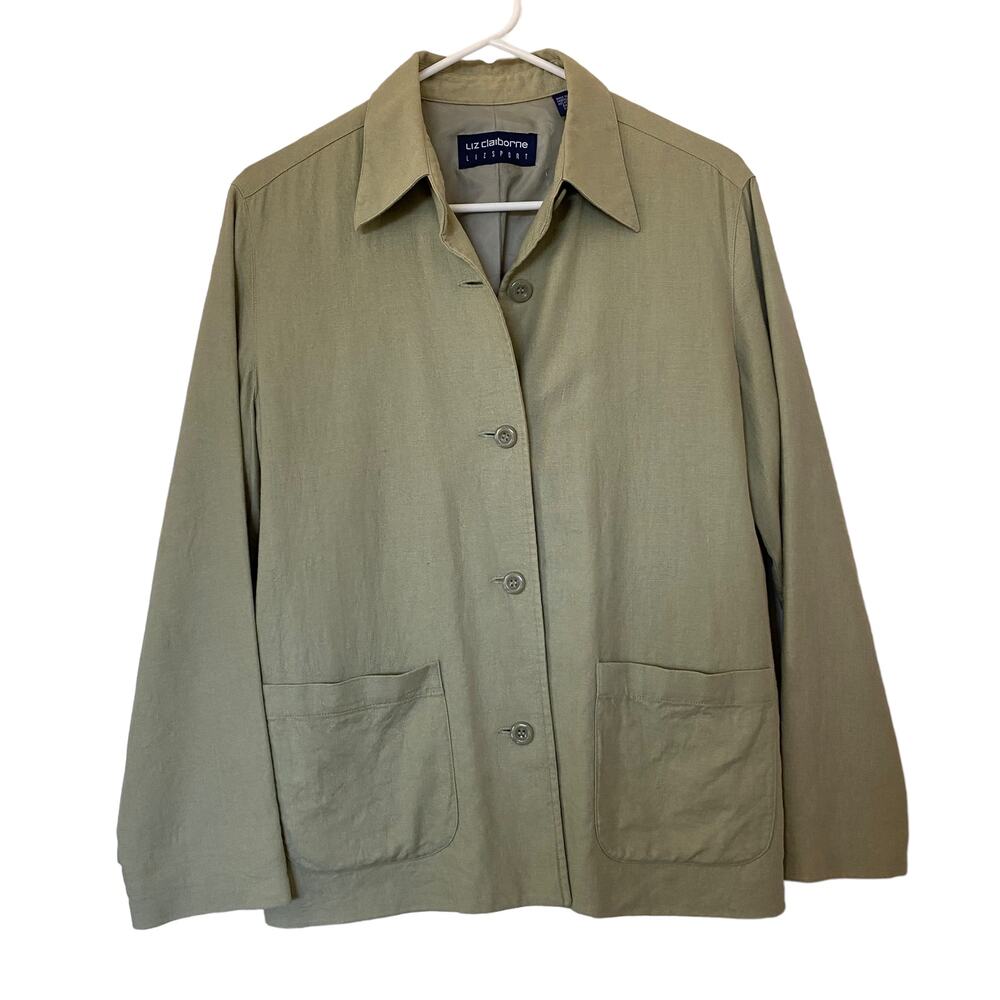 Liz Claiborne LizSport Collared Jacket Sage Green Linen Blend Size 4